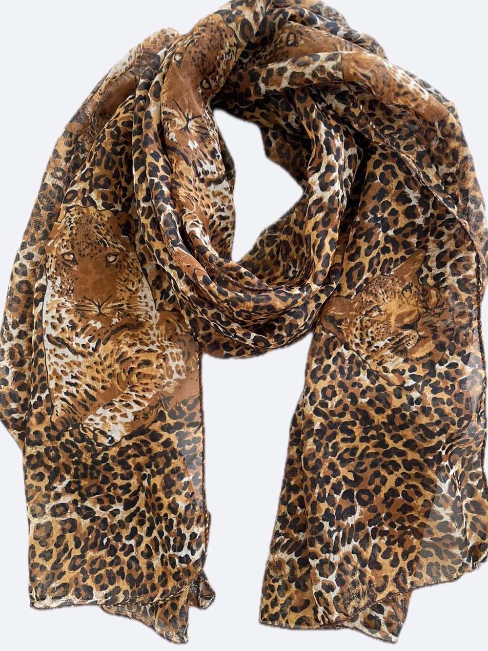 Vintage Leopard Print Sheer Scarf Detailed Animal Motif Oblong Rectangular 55x19
